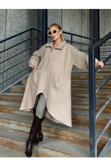 Geniş Çift Cepli Kalın Buklet Kumaş Mevsimlik Mont Bej