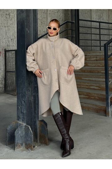 Geniş Çift Cepli Kalın Buklet Kumaş Mevsimlik Mont Bej