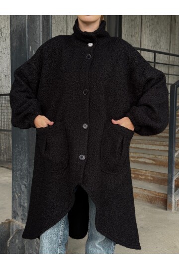 Geniş Çift Cepli Kalın Buklet Kumaş Mevsimlik Mont Siyah