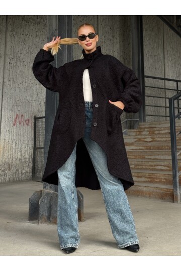 Geniş Çift Cepli Kalın Buklet Kumaş Mevsimlik Mont Siyah