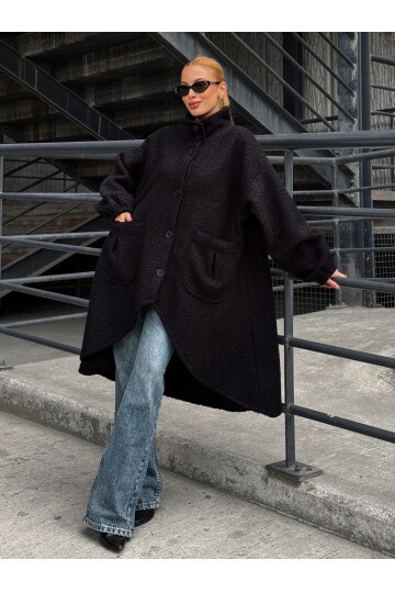 Geniş Çift Cepli Kalın Buklet Kumaş Mevsimlik Mont Siyah