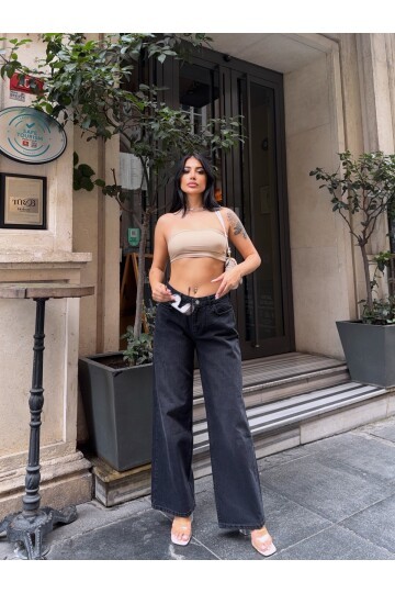 Geniş Paça Yüksek Bel Siyah Jean
