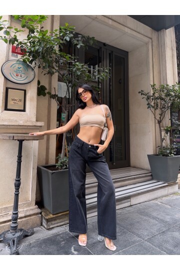 Geniş Paça Yüksek Bel Siyah Jean