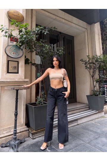 Geniş Paça Yüksek Bel Siyah Jean