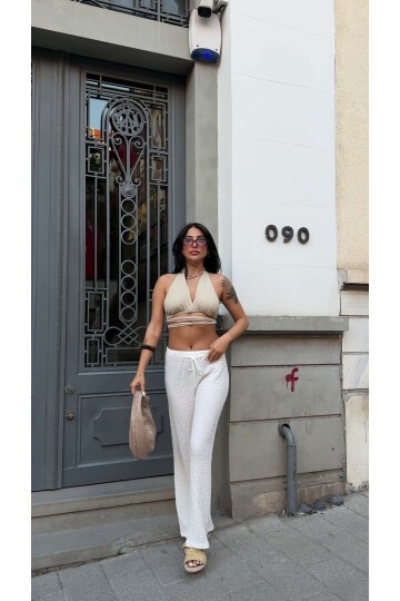 Gofre Bol Paça Beli Lastikli Pantalon Beyaz