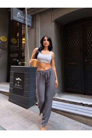 Gofre Bol Paça Beli Lastikli Pantalon Gri