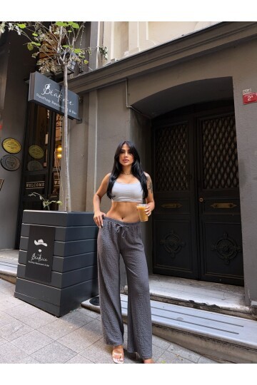 Gofre Bol Paça Beli Lastikli Pantalon Gri