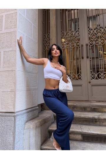 Gofre Bol Paça Beli Lastikli Pantalon Lacivert
