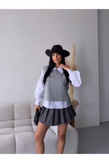 Gömlek Detay Gri Triko Bluz