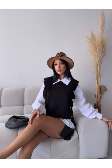 Gömlek Detay Siyah Triko Bluz