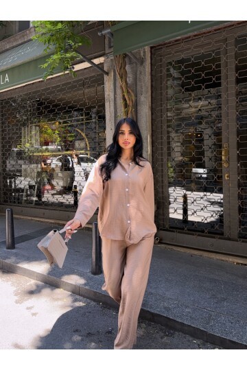Gömlek Pantalon Alt Üst Takım Bej