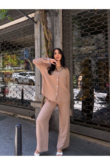Gömlek Pantalon Alt Üst Takım Bej