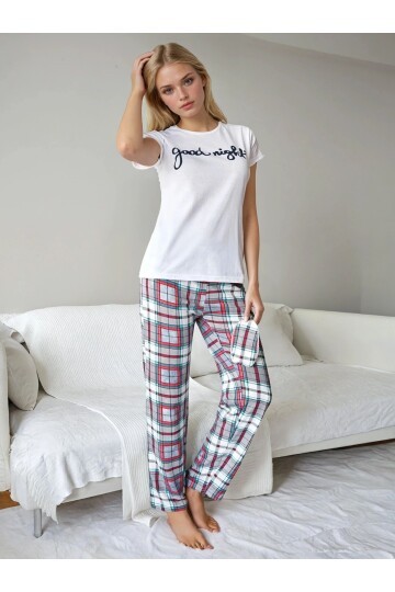 Good Night Baskılı Ekose Desen Kısa Kol Pijama Takımı