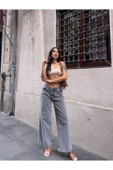 Gri Yüksek Bel Geniş Paça Jean Pantolon