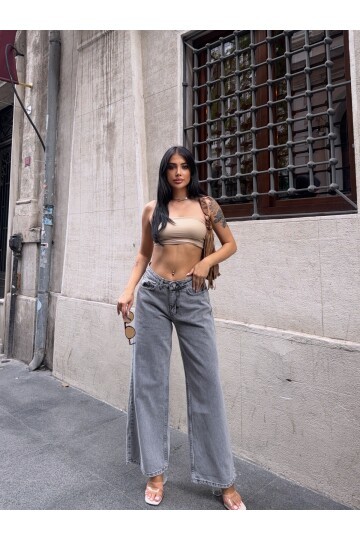 Gri Yüksek Bel Geniş Paça Jean Pantolon