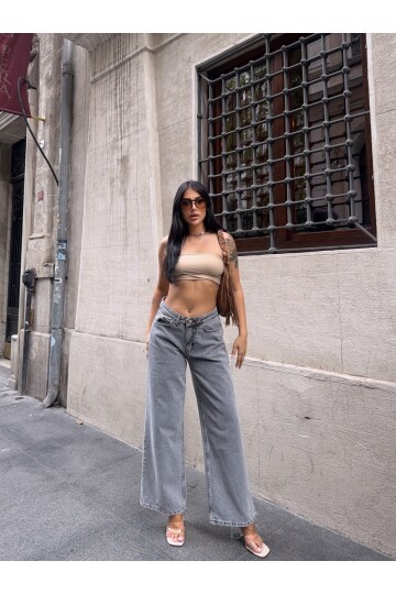 Gri Yüksek Bel Geniş Paça Jean Pantolon