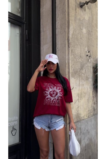 Güneş Baskılı Bordo Oversize T-Shirt