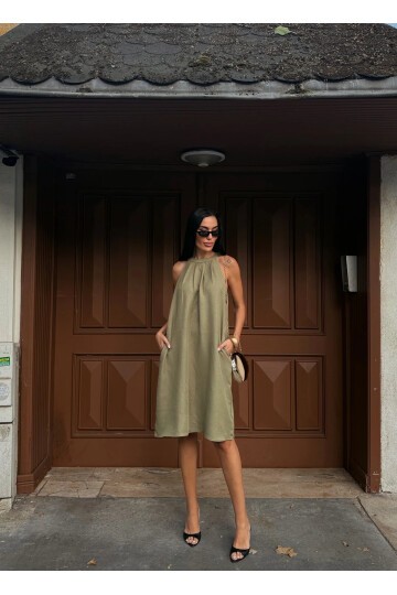 Halter Yaka Dokuma Midi Elbise