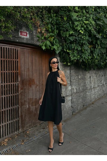 Halter Yaka Dokuma Midi Elbise