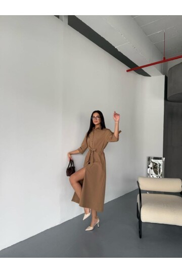 İthal Cupra Kumaş Kuşaklı Elbise