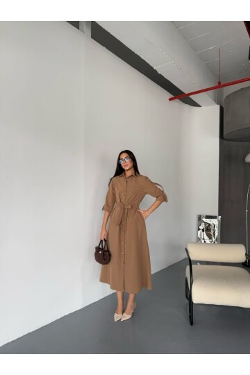 İthal Cupra Kumaş Kuşaklı Elbise