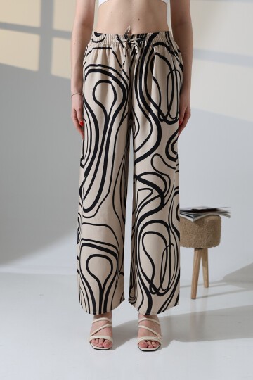 Kadın Bej Viskon Bol Paça Desenli Pantalon