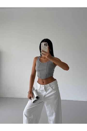 Kadın Gri Kaşkorse Crop Bluz