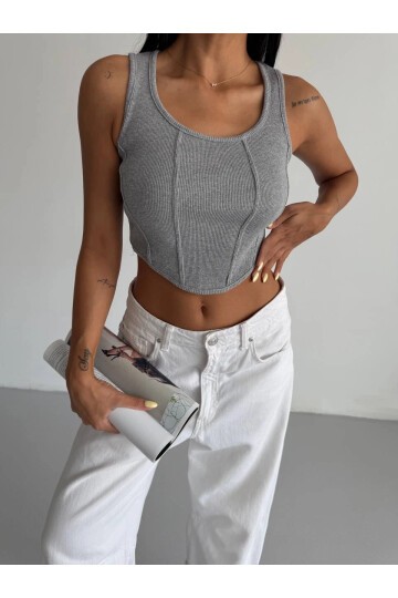 Kadın Gri Kaşkorse Crop Bluz