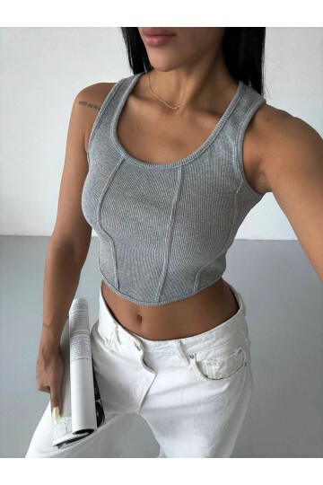 Kadın Gri Kaşkorse Crop Bluz