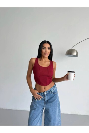 Kadın Bordo Kaşkorse Crop Bluz