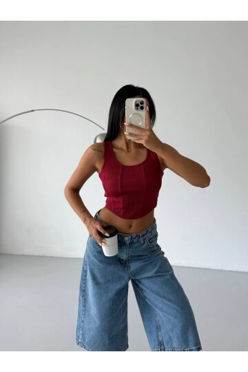 Kadın Bordo Kaşkorse Crop Bluz