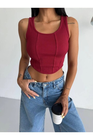 Kadın Bordo Kaşkorse Crop Bluz