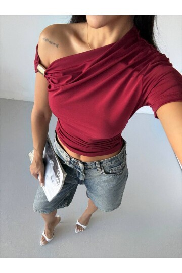 Kadın Bordo Kol Detay Sandy Bluz