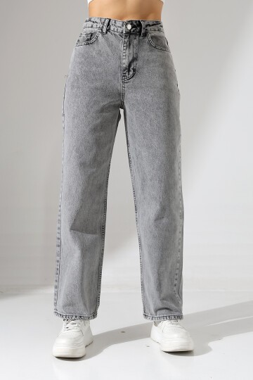 Kadın Gri Yüksek Bel Bol Paça Jean