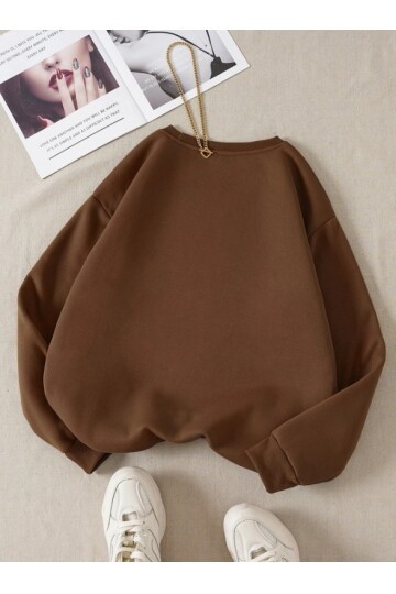 Kadın Kahverengi Ayıcık Baskılı Oversize Sweatshirt