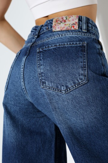 Kadın Koyu Mavi Wide Leg Jean