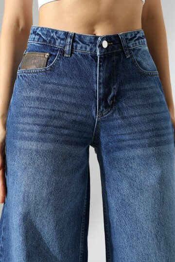 Kadın Koyu Mavi Wide Leg Jean