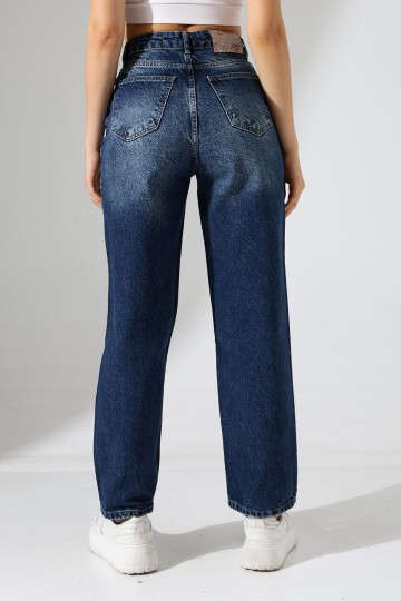 Kadın Koyu Mavi Yüksek Bel Düz Paça Jean