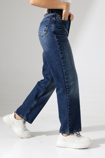 Kadın Koyu Mavi Yüksek Bel Düz Paça Jean