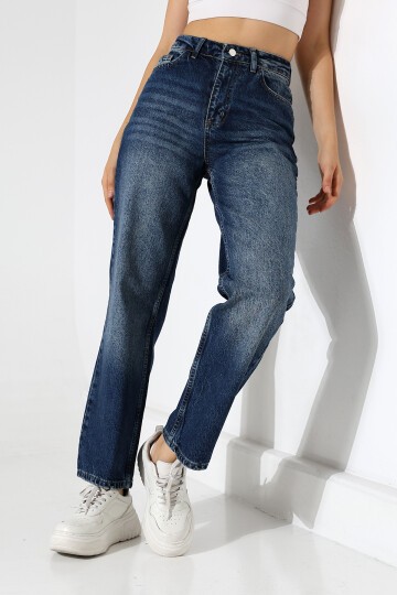 Kadın Koyu Mavi Yüksek Bel Düz Paça Jean