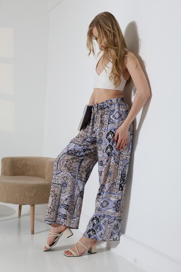 Kadın Lila  Viskon Bol Paça Desenli Pantalon