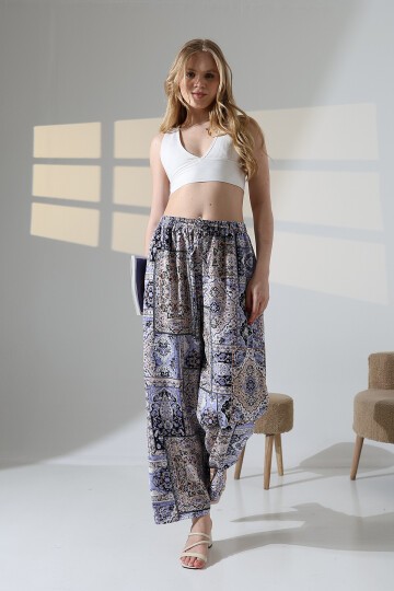 Kadın Lila  Viskon Bol Paça Desenli Pantalon