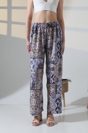 Kadın Lila  Viskon Bol Paça Desenli Pantalon