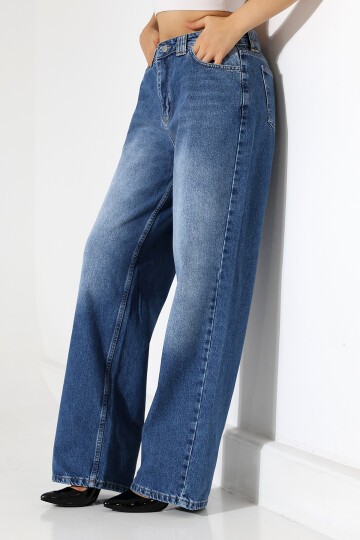 Kadın Mavi Yıkamalı Wide Leg Jean