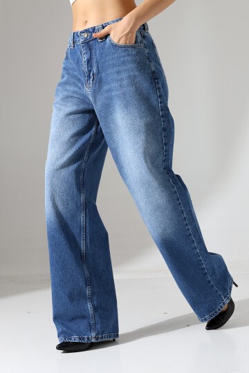 Kadın Mavi Yıkamalı Wide Leg Jean