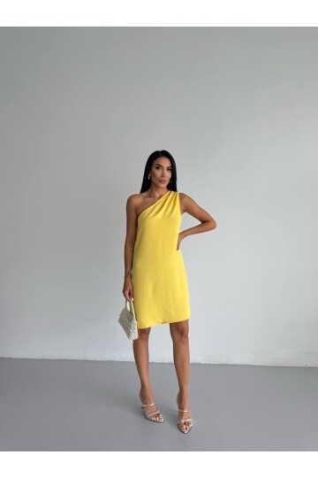 Kadın Sarı Ayrobin Kumaş Tek Omuz Elbise