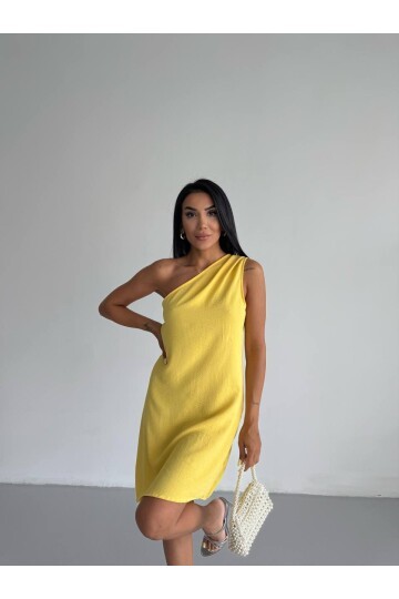 Kadın Sarı Ayrobin Kumaş Tek Omuz Elbise