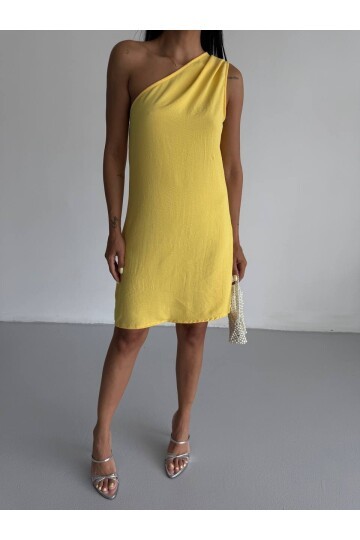 Kadın Sarı Ayrobin Kumaş Tek Omuz Elbise