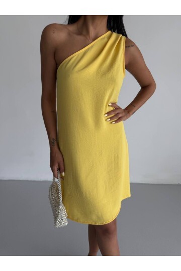 Kadın Sarı Ayrobin Kumaş Tek Omuz Elbise