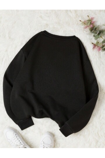 Kadın Siyah Ayıcık Baskılı Oversize Sweatshirt